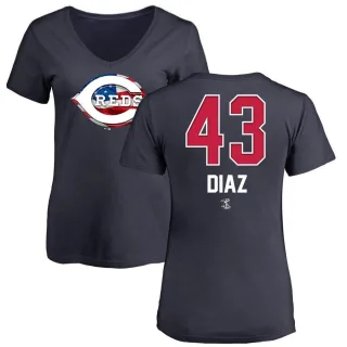 Women's Cincinnati Reds Alexis Diaz Navy Name and Number Banner Wave V-Neck T-Shirt